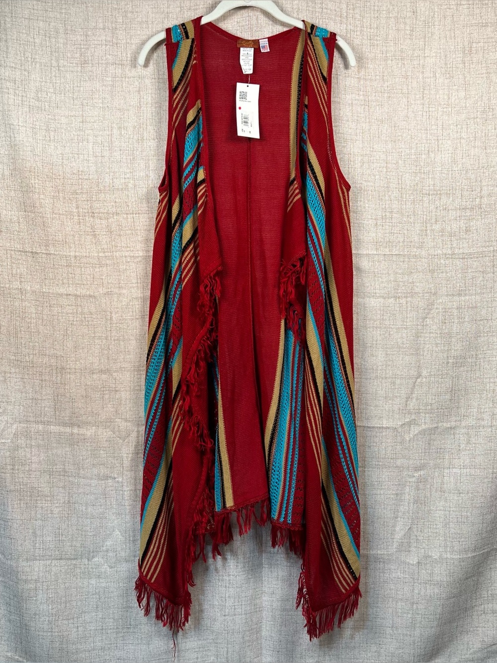 Cardigan Maxi Sweater Sleeveless NWT Red Blue Fringe Knit Women's Large